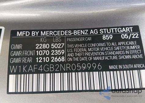 2022 Mercedes-Benz C 300 Sedan from USA, damaged, VIN W1KAF4GB2NR059996